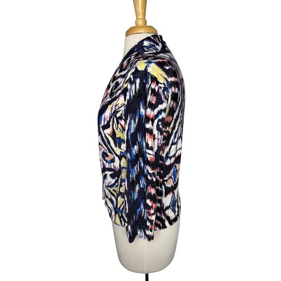 CHICOS Linen Blend Kaleidoscope Cardigan Sweater Sz Medium (1) Black Multicolor - Picture 2 of 9